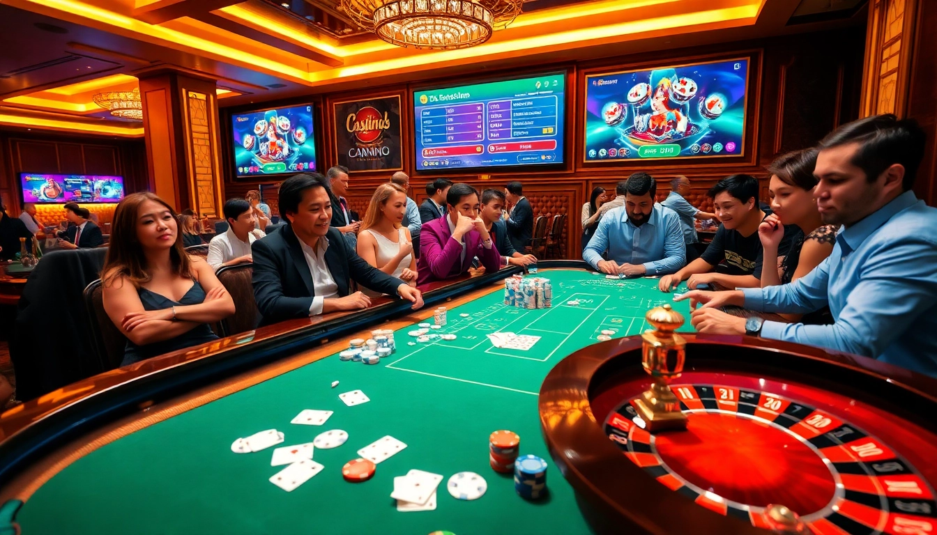 Experience the excitement of GG88 with vibrant casino games, roulette, and poker action in a luxurious setting.