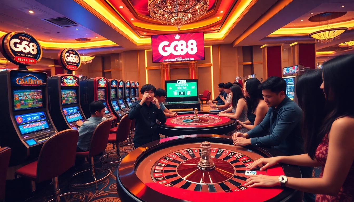Exciting GG88 casino scene featuring vibrant slot machines and lively tables.