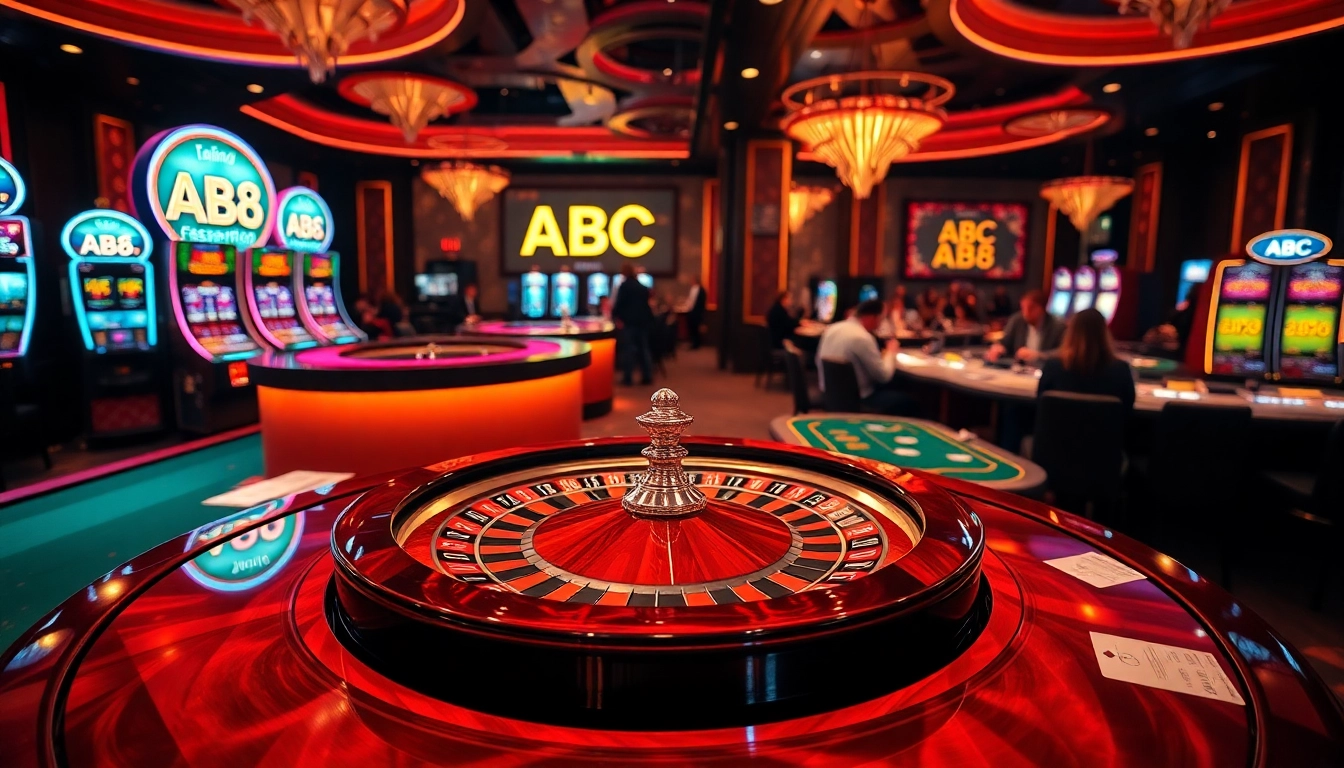 Experience thrilling gaming action at ABC8 casino with vibrant roulette and card tables.