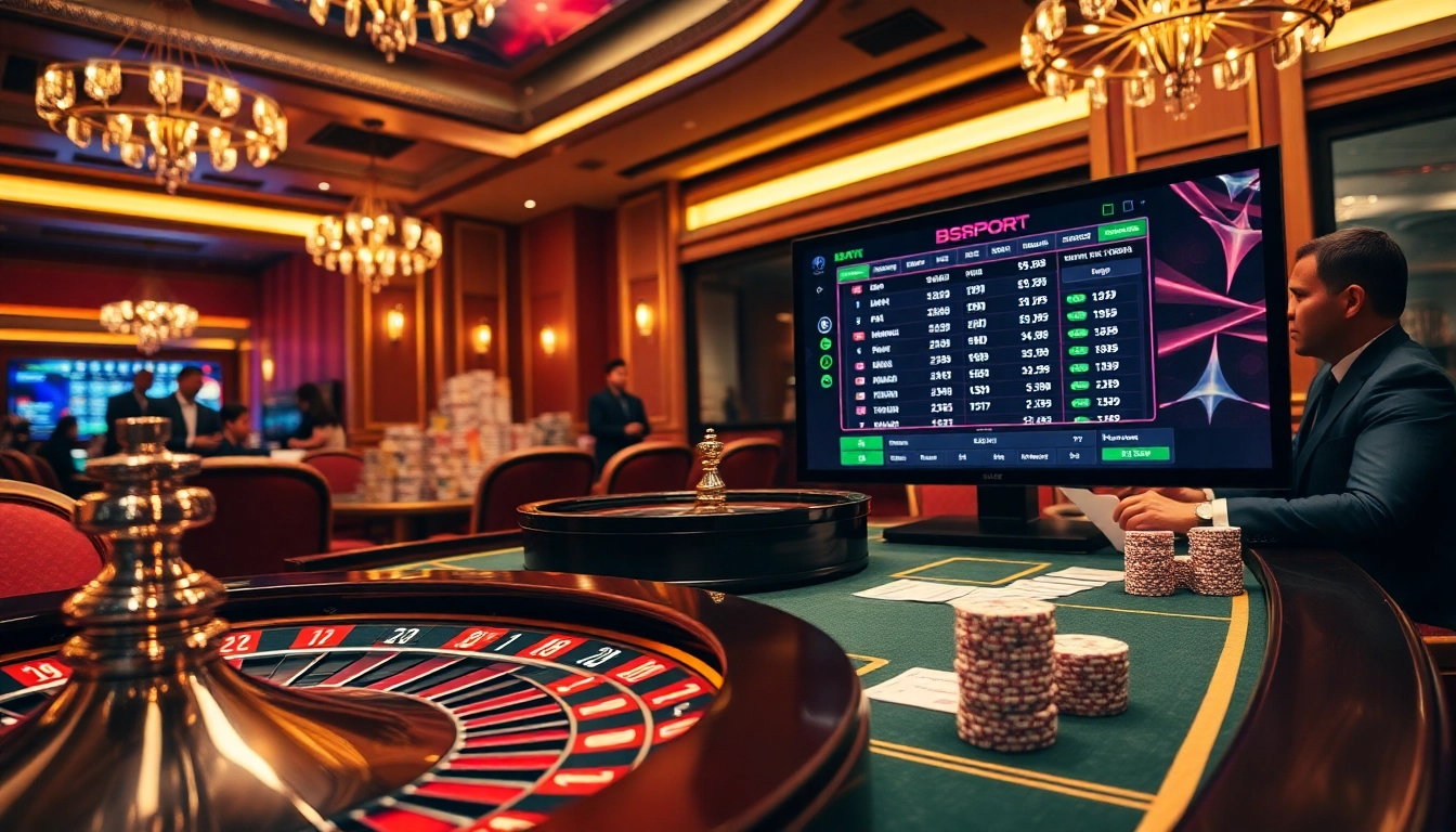 Experience the excitement of sports betting at Bsport, featuring vibrant poker chips and a roulette wheel.