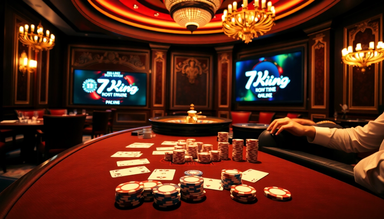 Exciting poker game in a luxurious setting with 79King elements, showcasing chips and cards.