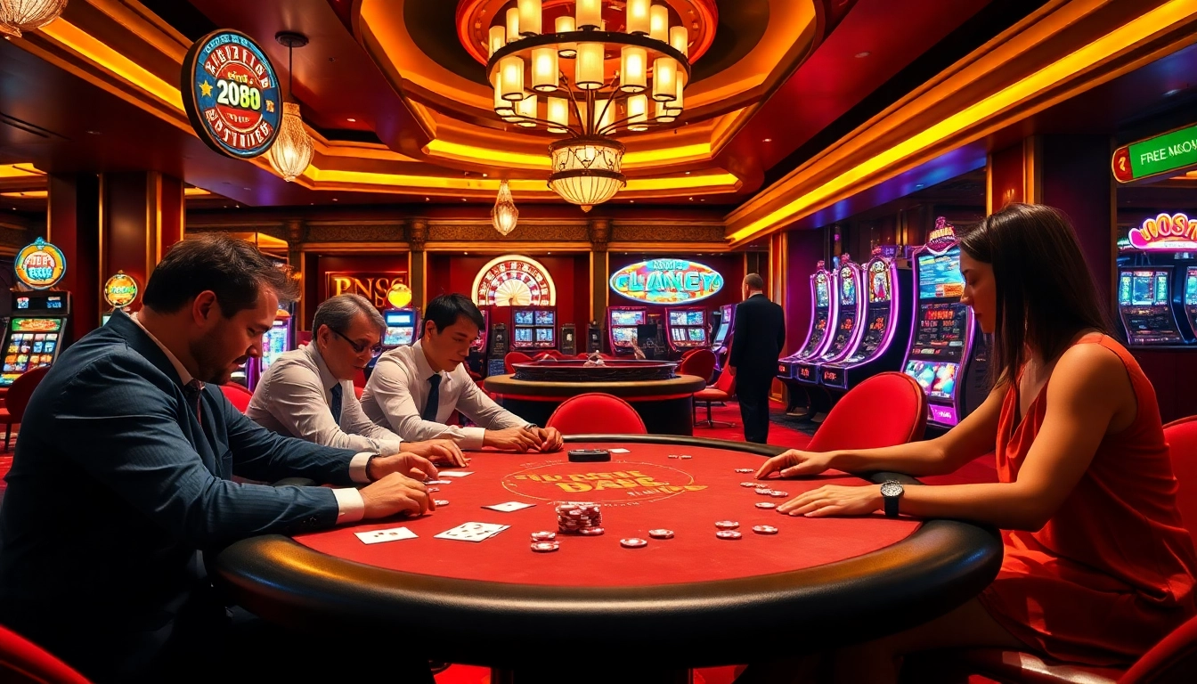 TV88 casino scene showcasing poker players and vibrant slot machines in action.