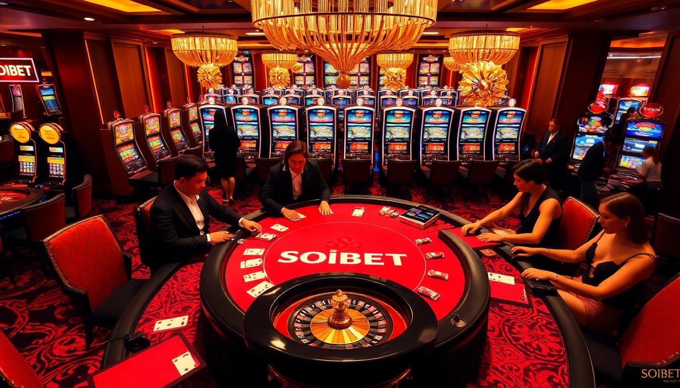 Players enjoying a high-stakes game at SOIBET's luxurious casino, featuring poker and roulette.