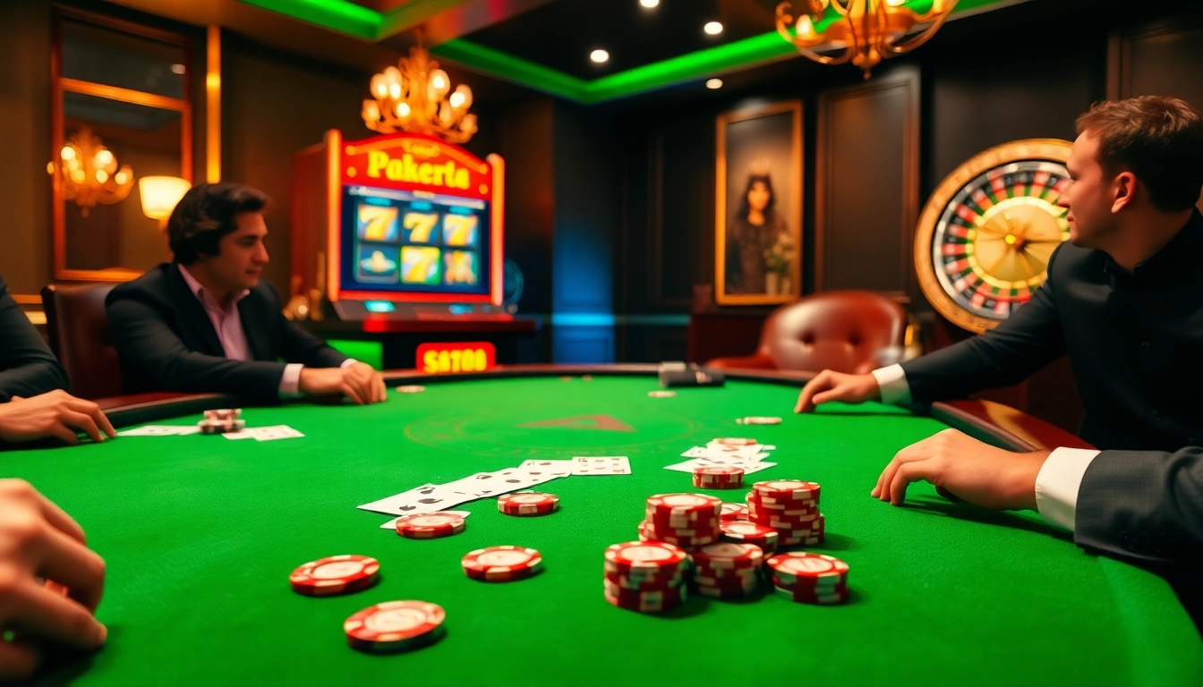 Poker players enjoy thrilling bets at the 5z777 casino table, surrounded by vibrant gaming ambiance.