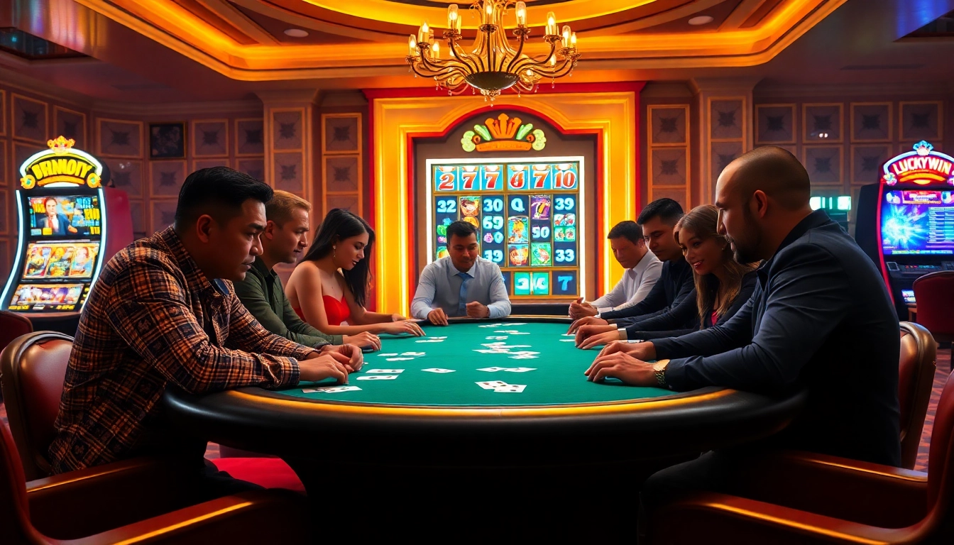 Luckywin casino players enjoying an exciting poker game with vibrant slot machines in the background.