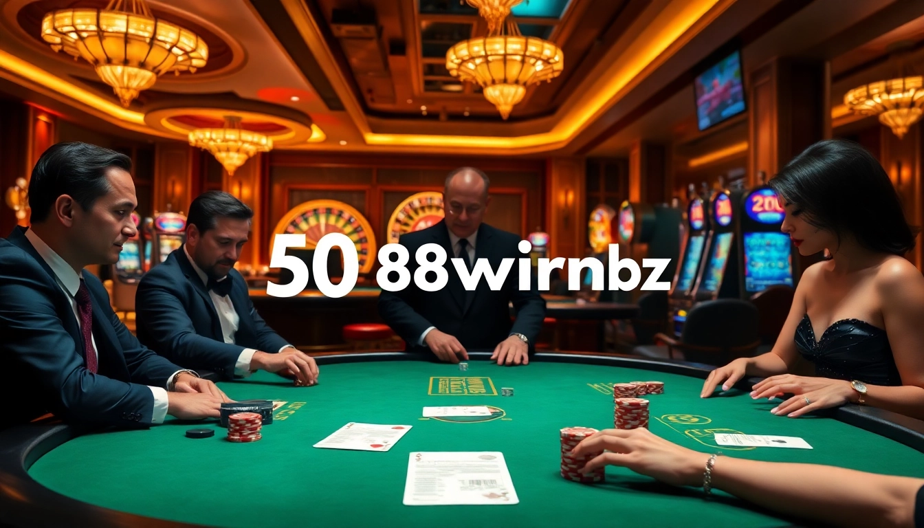 Players engage in a thrilling card game at a luxurious casino table featuring 58win bz branding.