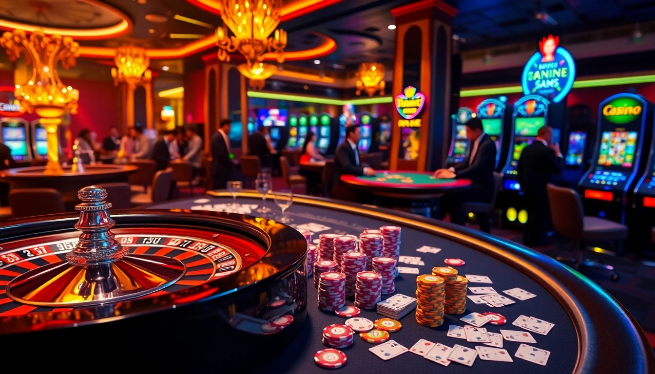Engaged players enjoying various casino games at nhà cái FLY88's vibrant and luxurious gambling setting.