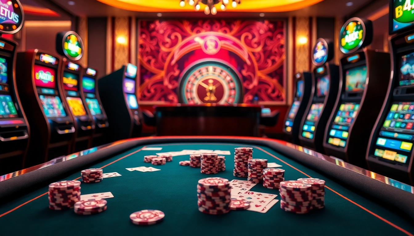 Febet casino scene with vibrant games and poker chips illustrating high stakes play.