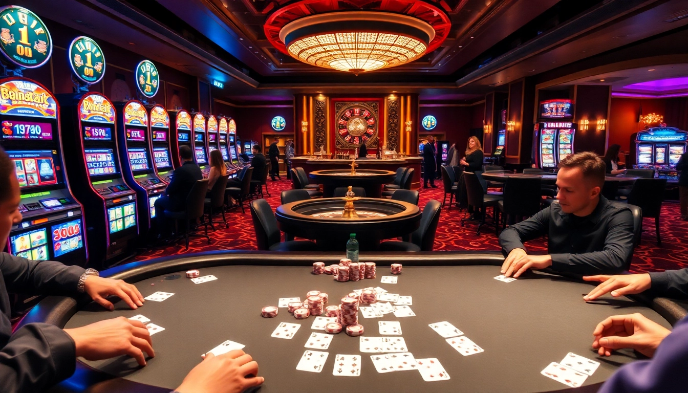 Exciting bem88 casino scene with poker players and colorful chips in a luxurious setting.