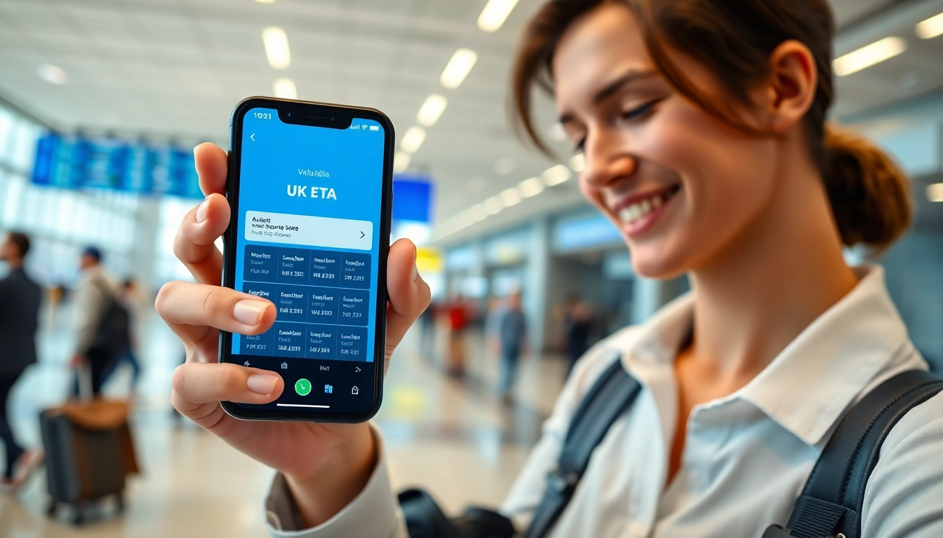 Traveler using the uk eta online application on a smartphone in an airport.