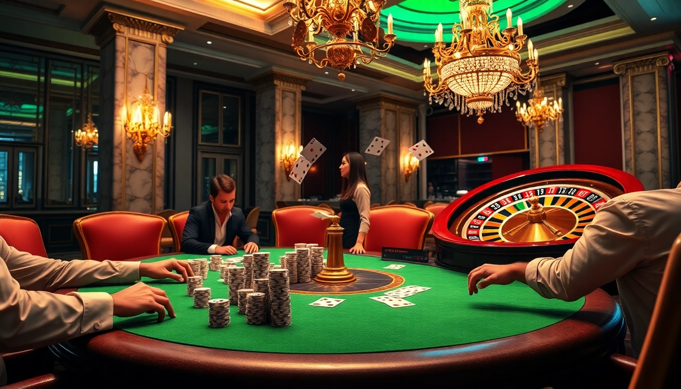 Exciting poker game scene at a luxurious casino featuring the dynamic atmosphere of https://v188v.net/.