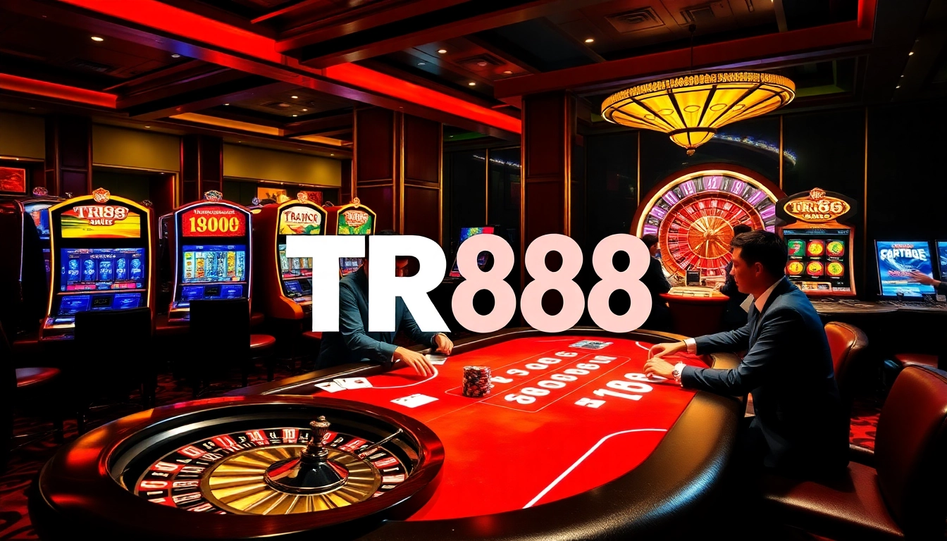 Players enjoying poker at TR88 casino, surrounded by vibrant slot machines and roulette.