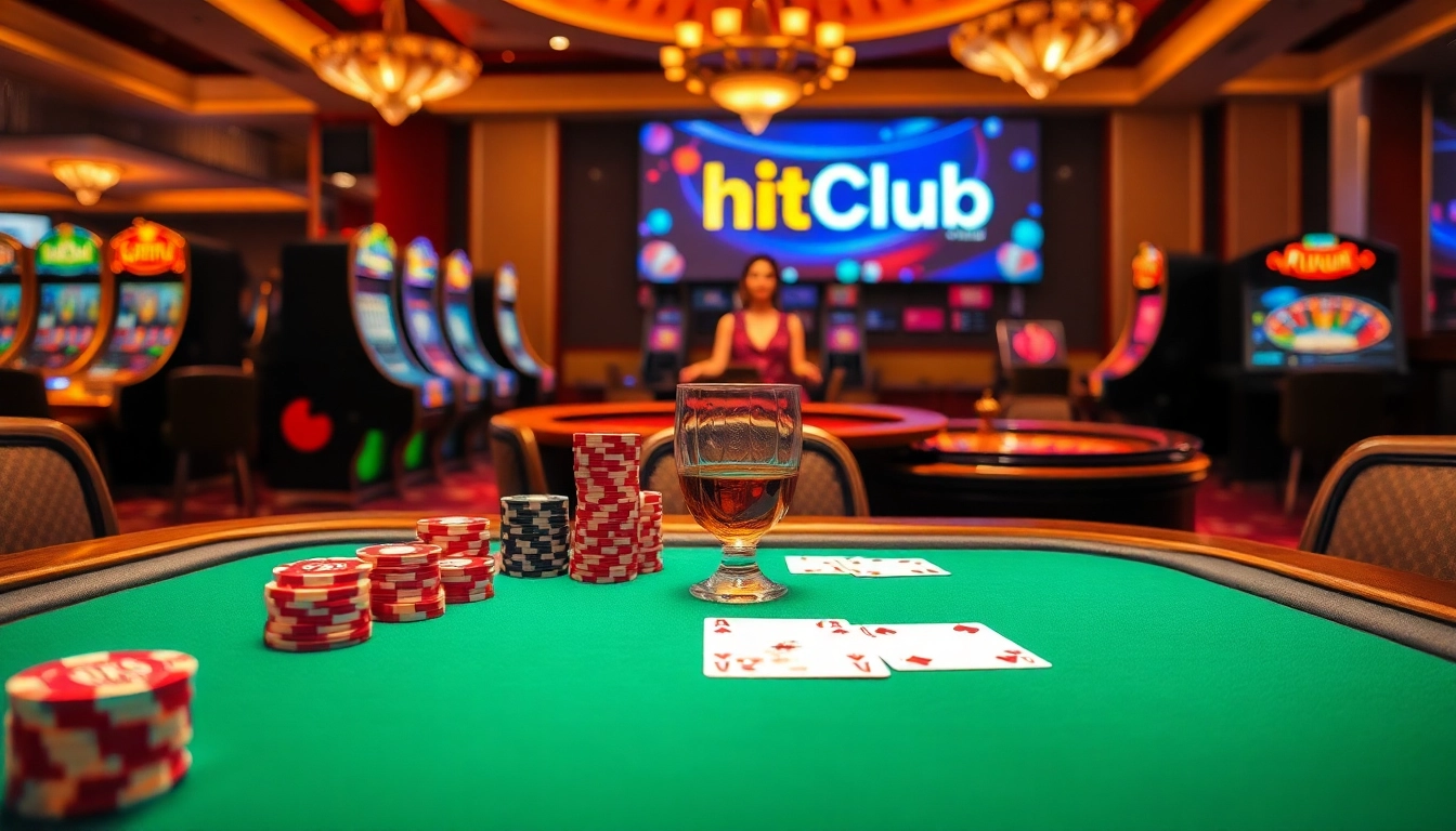 Experience the thrill of tải HitClub at a luxurious casino setting with vibrant slot machines and poker games.