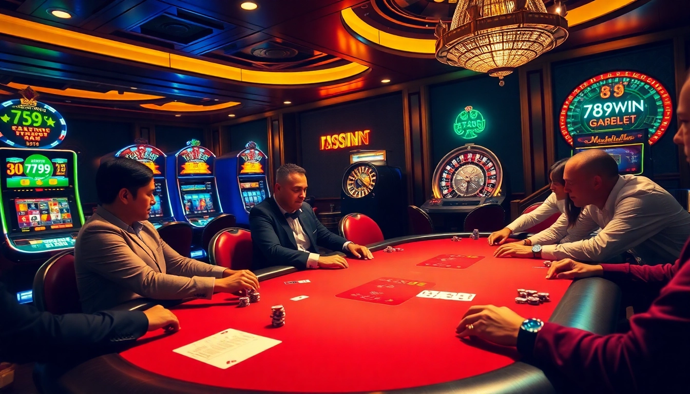 Players at a glamorous poker table immersed in the excitement of 789WIN casino games.