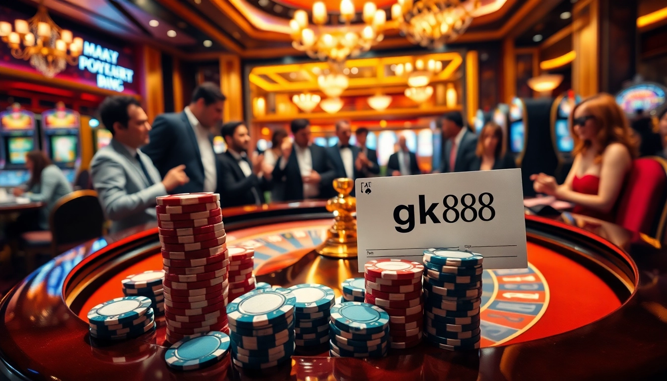 Gambling scene showcasing gk88-themed poker chips on a luxurious casino table.