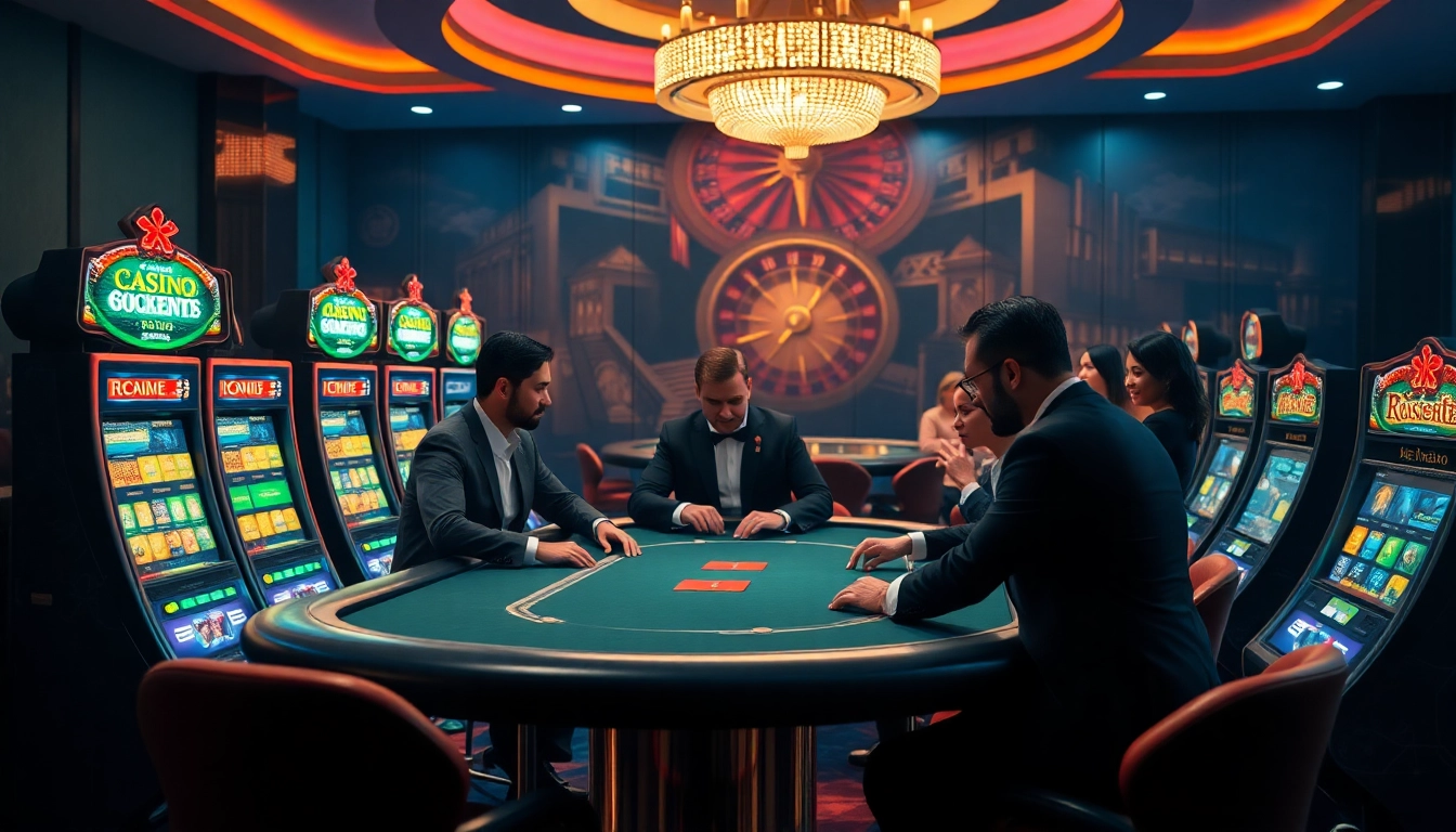Players enjoying poker at nhà cái 8kbet's luxurious casino setting with vibrant slot machines.