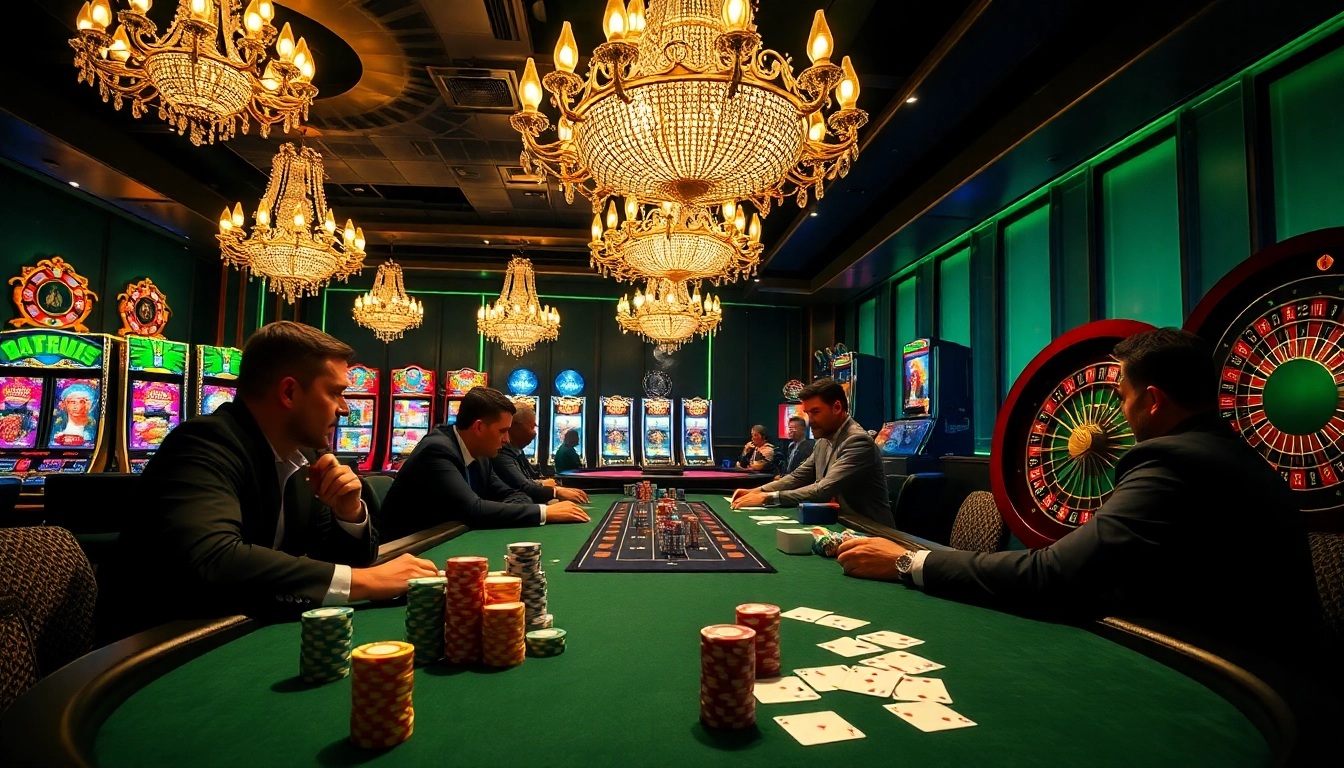 Experience a high-stakes poker game at 88i's luxurious casino, featuring vibrant tables and glamorous chips.