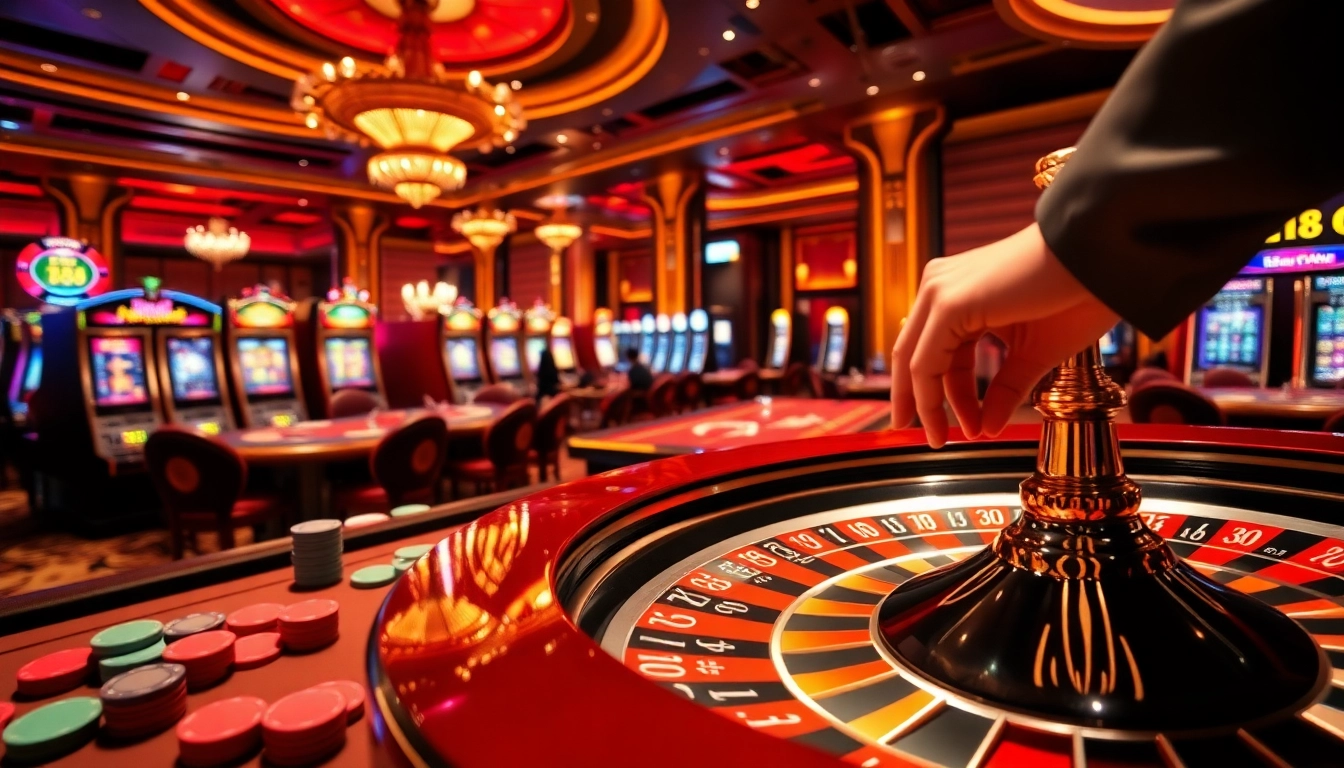 Players engaging in thrilling EE88 casino action at vibrant tables and slot machines.