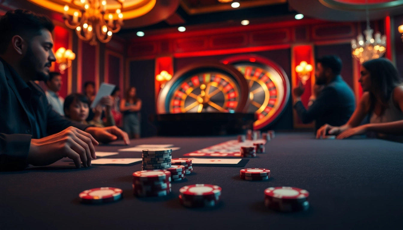 Exciting gambling action at ok789.com with poker chips and roulette table in a luxurious casino setting.