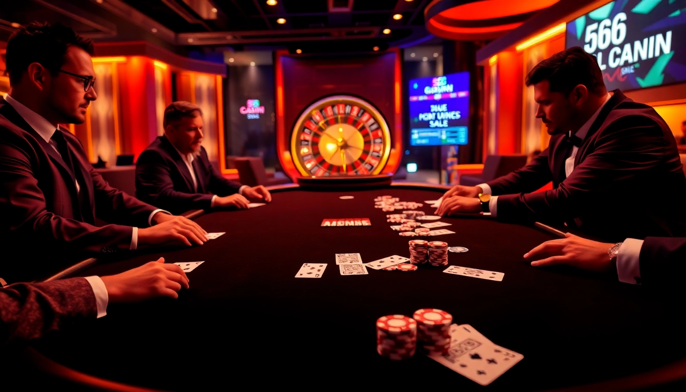 Players strategize at a luxury poker table scene representing 56WIN.SALE excitement.