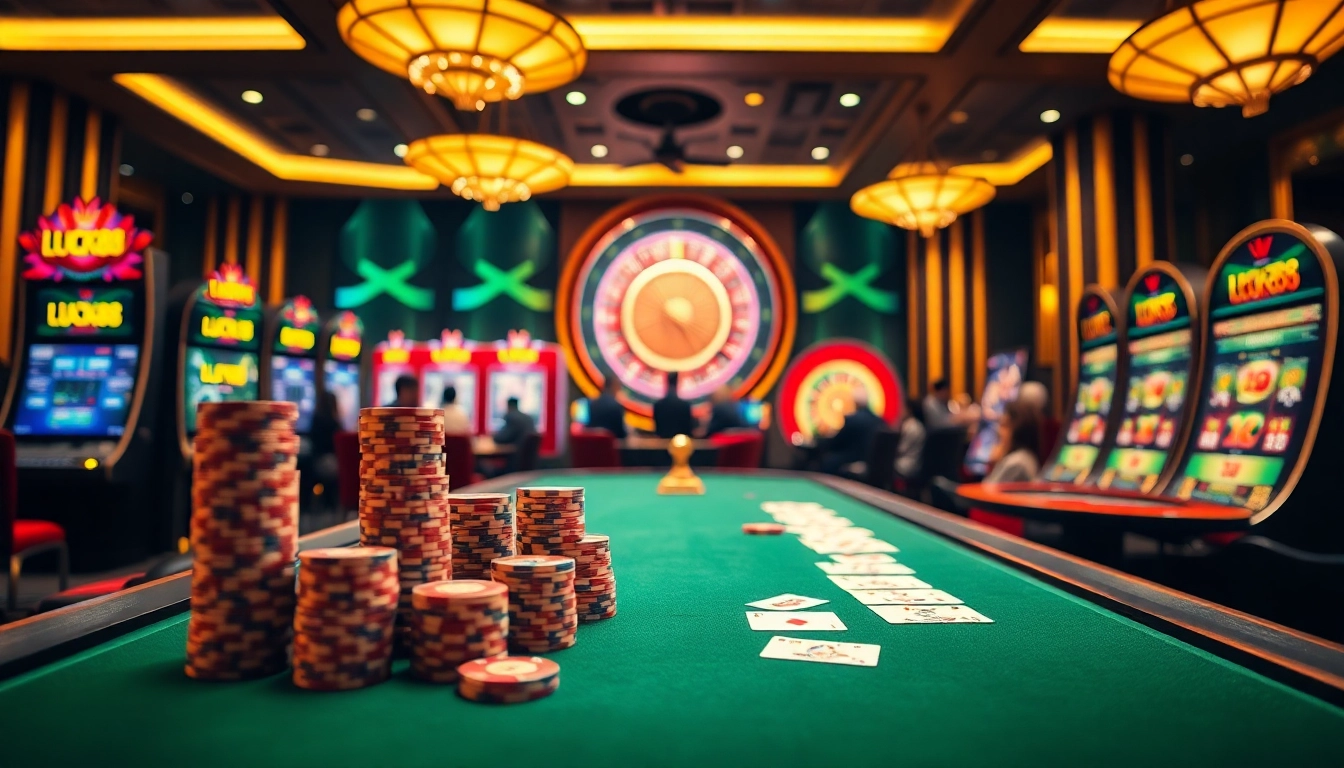 Experience the excitement of LUCK88 with vibrant slot machines and elegant poker tables in a luxurious casino.