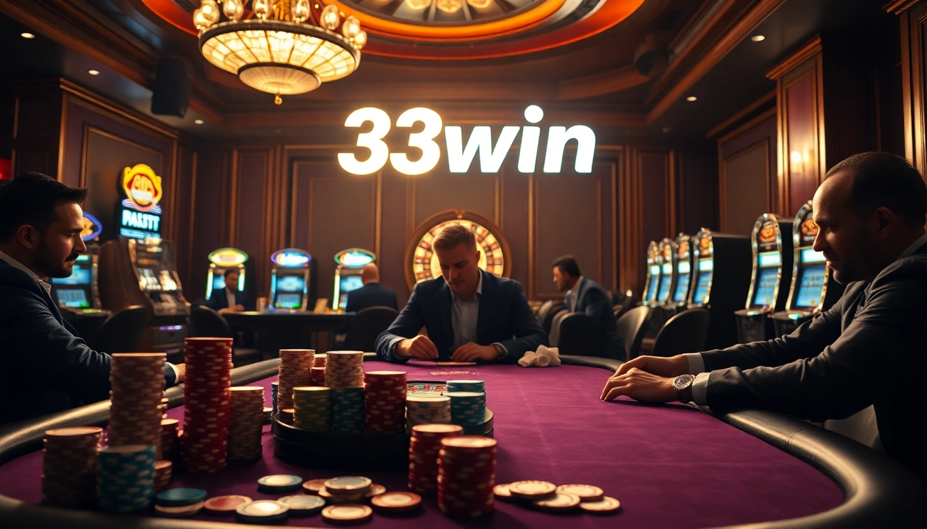 Experience the thrill of 33win at a luxurious poker table with high-stakes action.