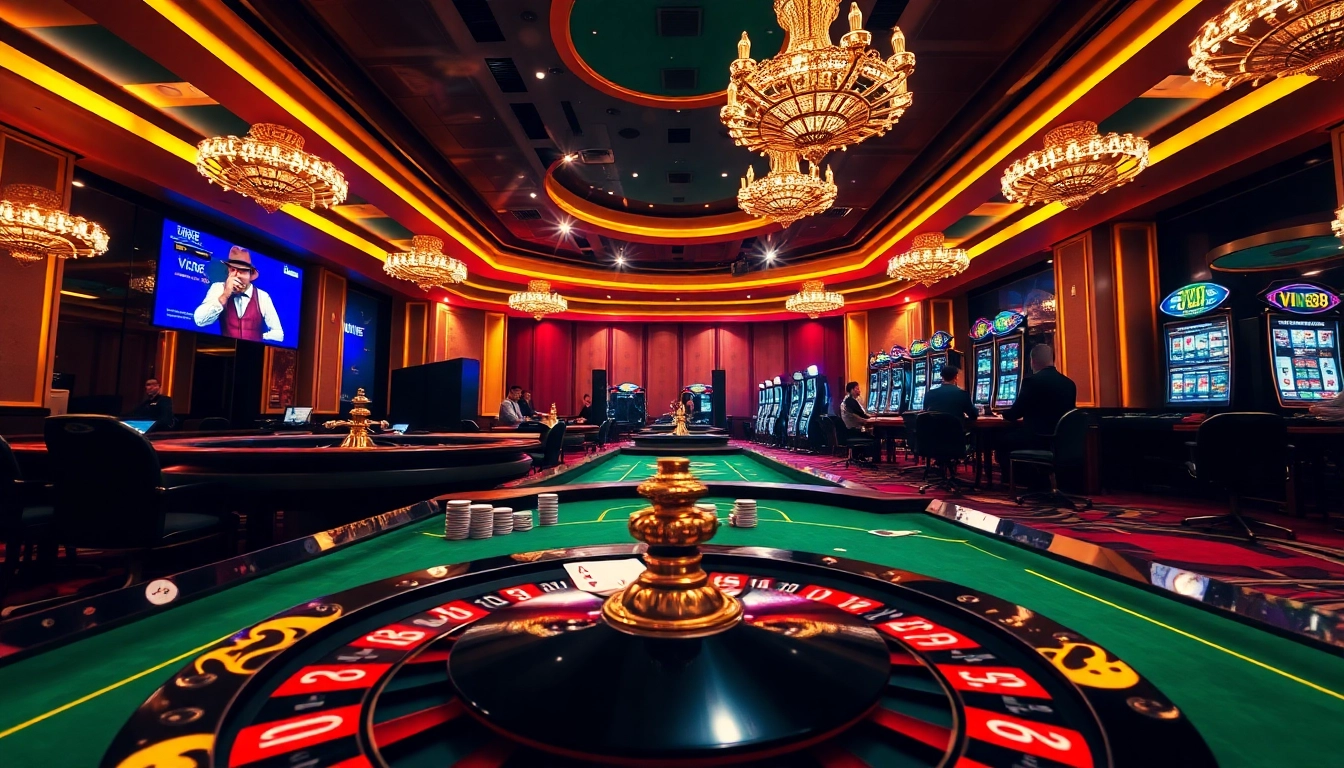 Experience thrilling gameplay with VIN88's online casino featuring cards, roulette, and poker chips.