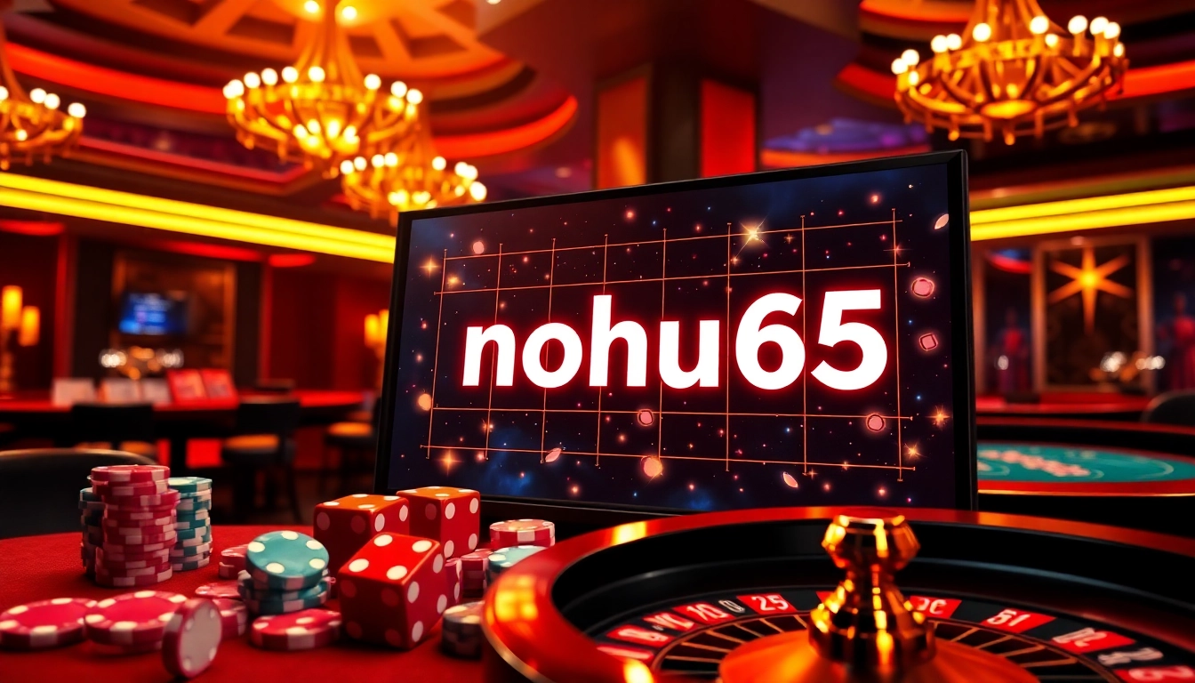 Nohu65 slot game interface showcasing vibrant poker chips and roulette wheels, exciting casino ambiance.