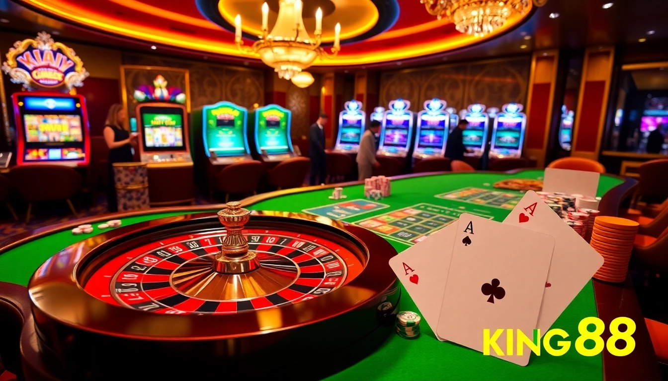 Excited player bets at KING88 table in a luxurious casino setting with vibrant poker chips.