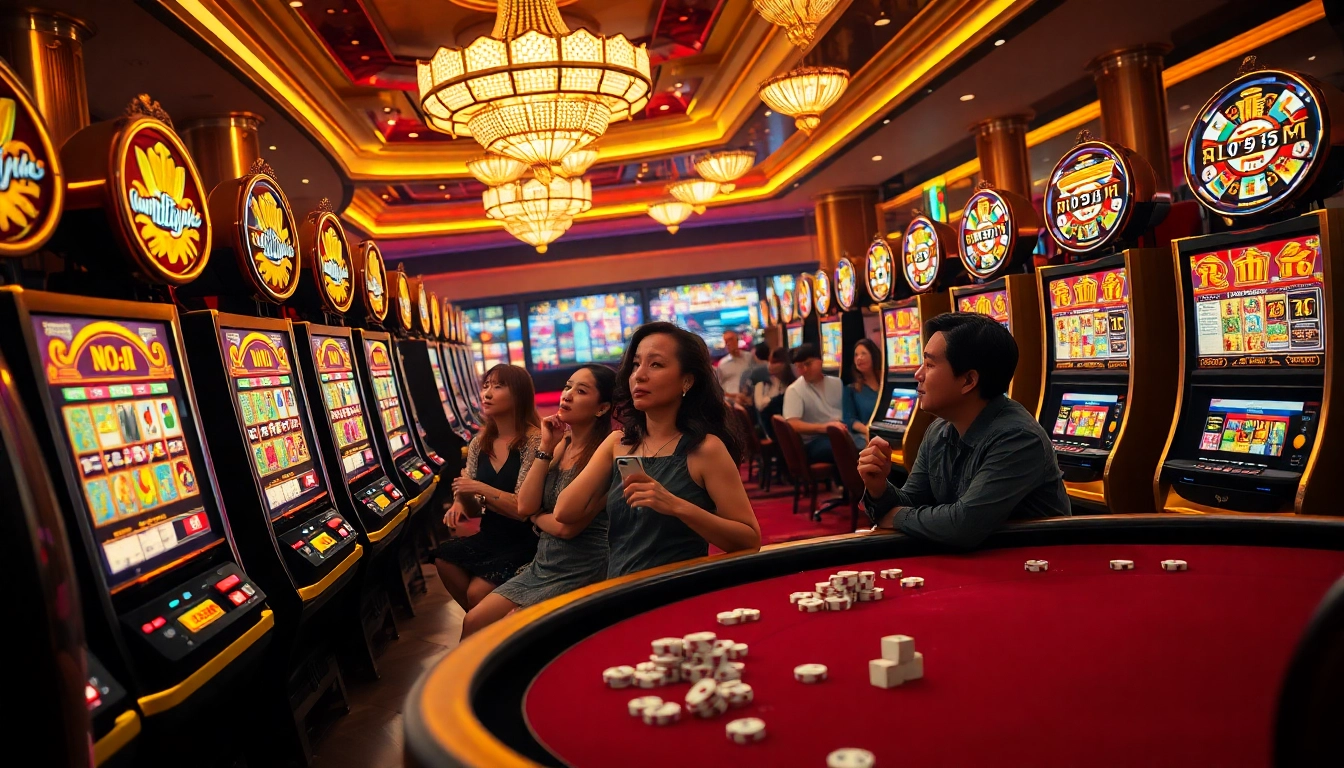 Experience the thrill of nổ hũ action with colorful slot machines and excited players in a luxurious casino.