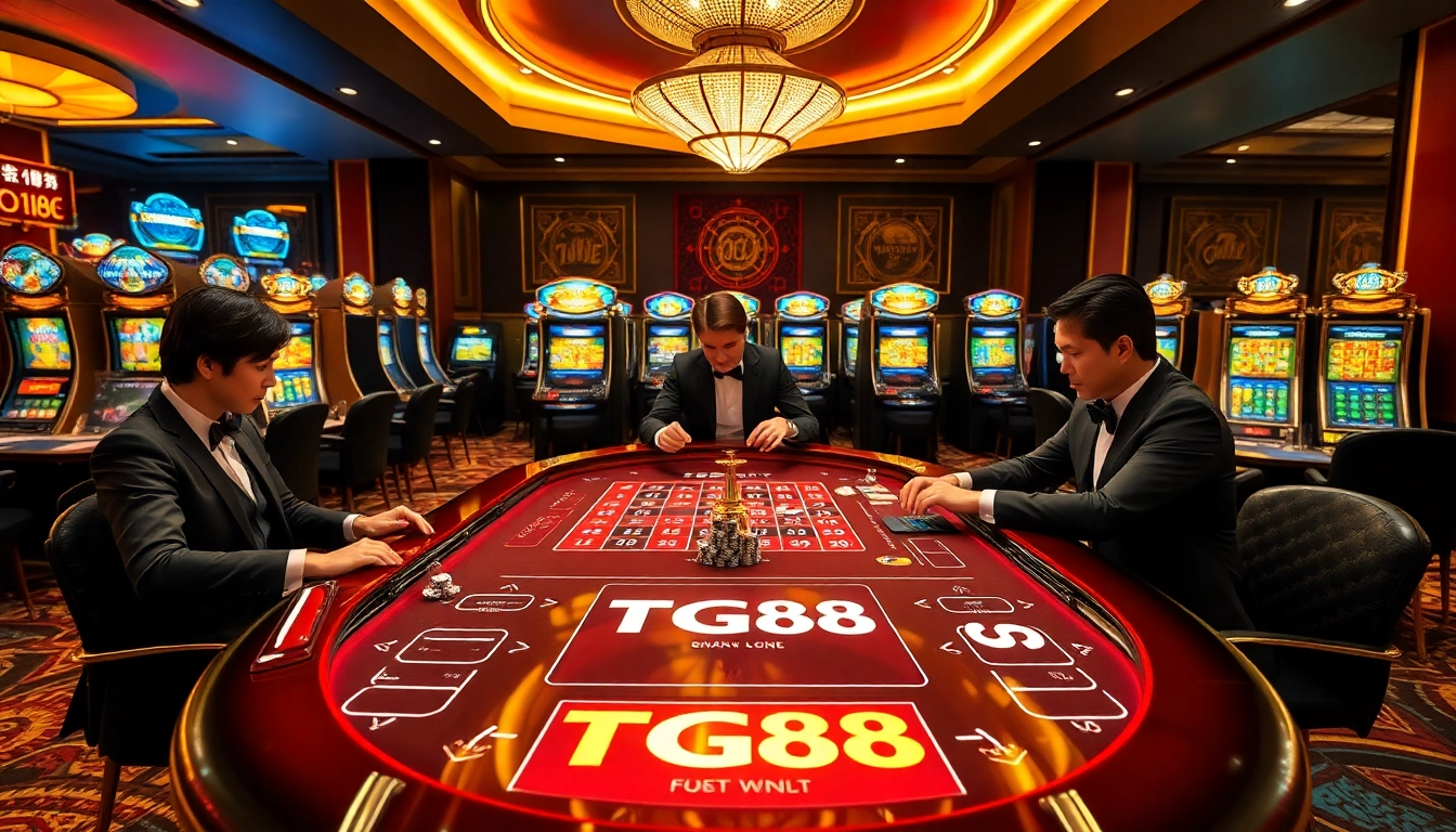 Experience the thrill of winning at TG88 casino with immersive gaming scenes featuring roulette and poker.