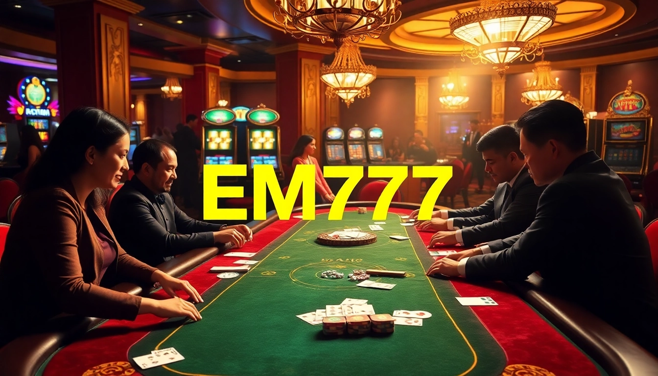 EM777 players strategizing at a luxurious casino table with poker chips and cards.