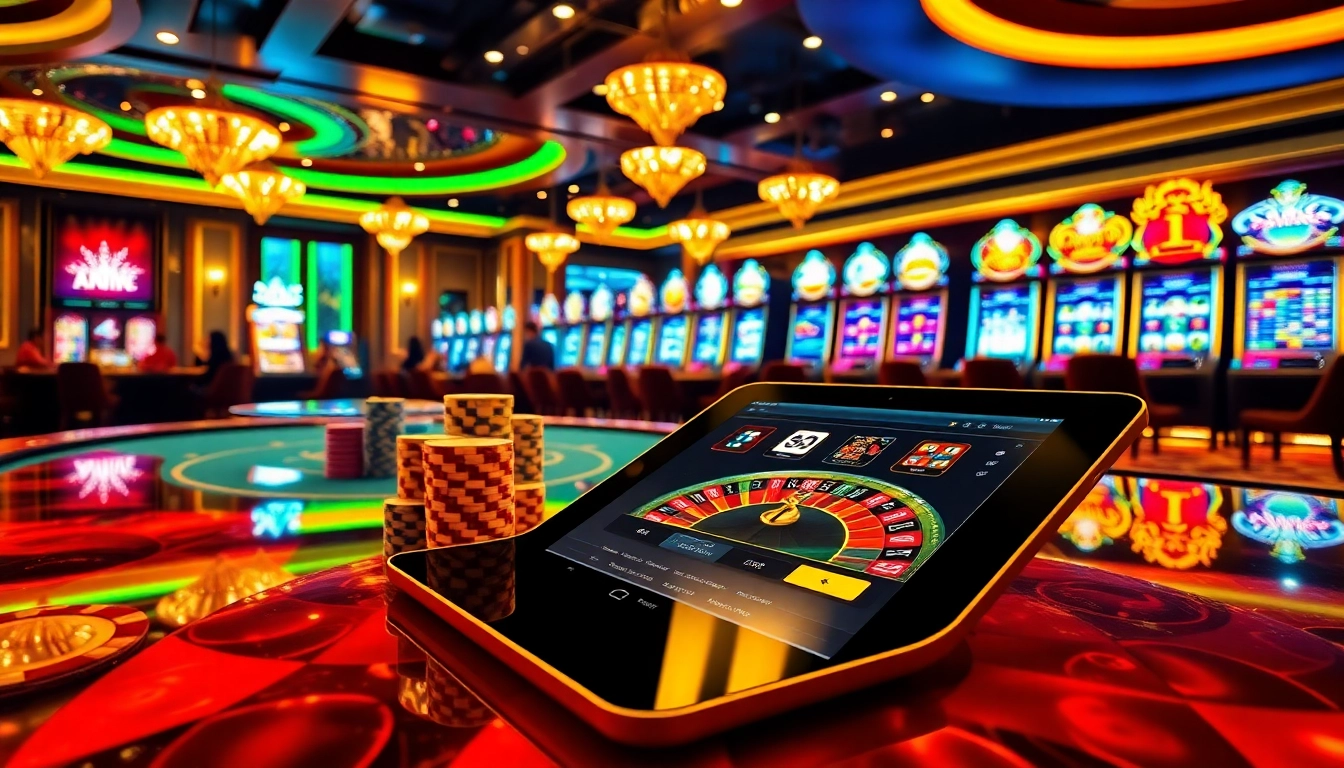 Experience thrilling gameplay at https://ok365vvip.com/ with vibrant casino visuals showcasing poker tables and slot machines.