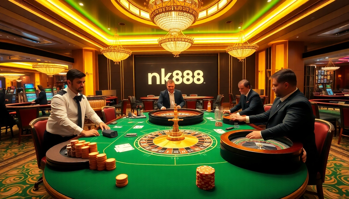 nk88 casino table with vibrant colors, professional croupiers, and gambling excitement