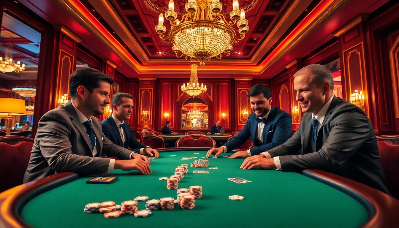 C168 poker players at a luxurious casino table showcasing excitement and strategy