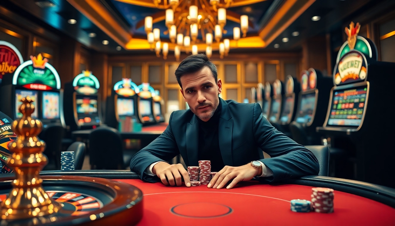 vaobet player placing chips at a high-stakes poker table in a luxurious casino setting