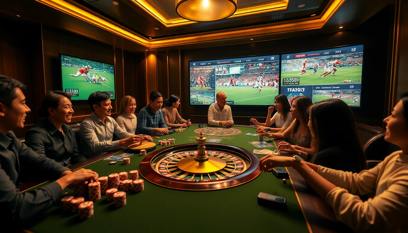 Engaged players enjoying sports betting at nhà cái thể thao BL555 with vibrant casino elements.