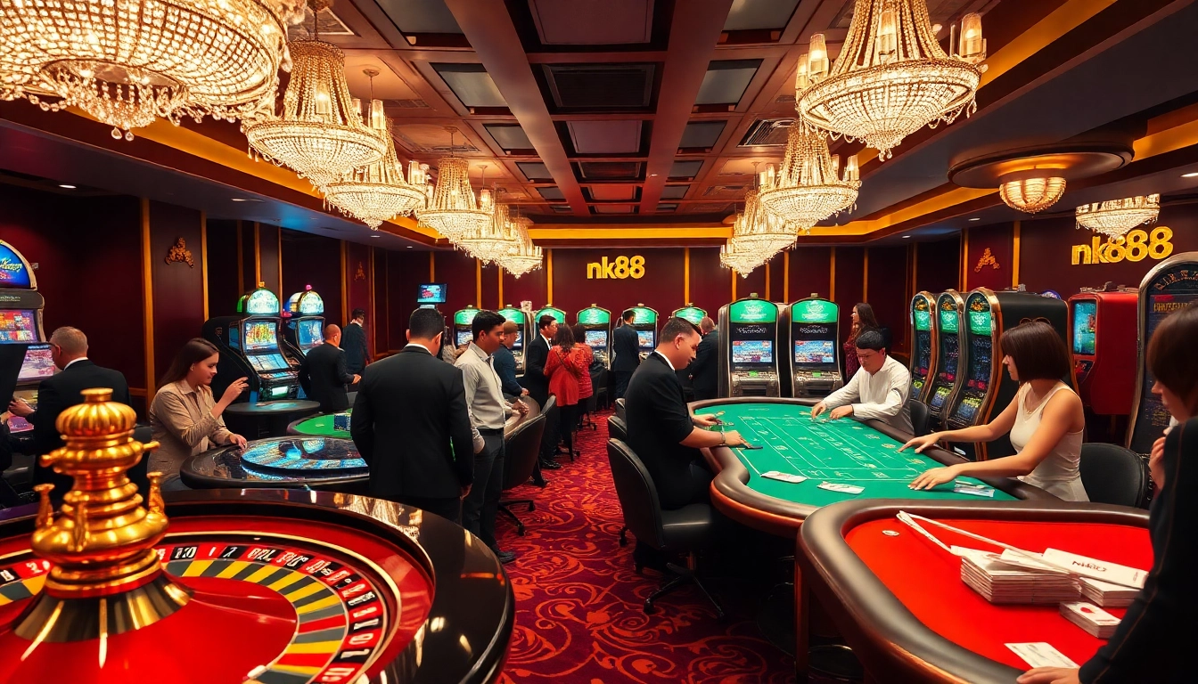 Players enjoying a luxurious nk88 casino experience with roulette and poker tables.