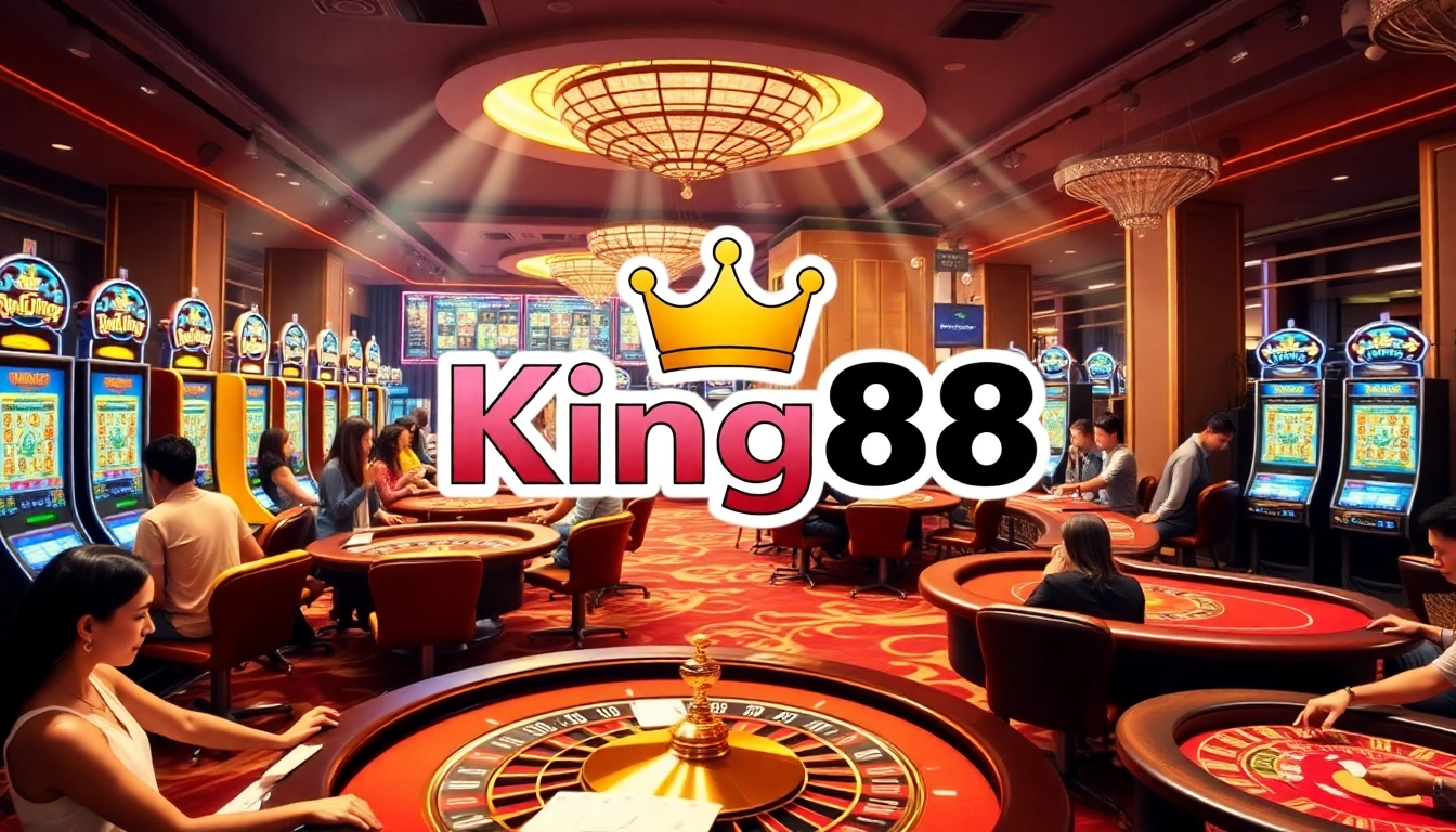 Players winning big at King88 casino with vibrant slot machines and roulette.