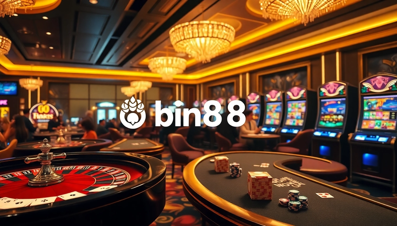 Experience the excitement of playing at Bin88's elegant casino with vibrant gaming tables.