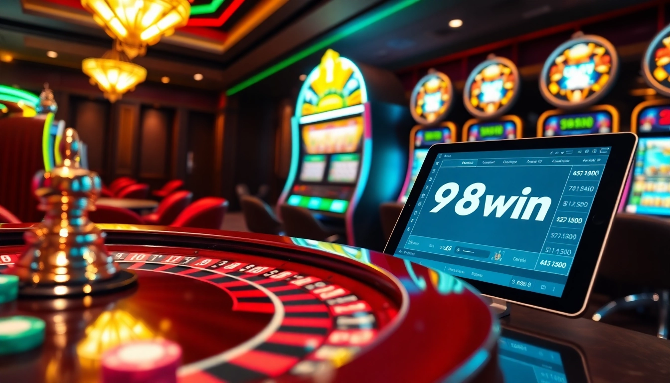 High-stakes excitement at 98win casino featuring a roulette table, poker chips, and slot machines.