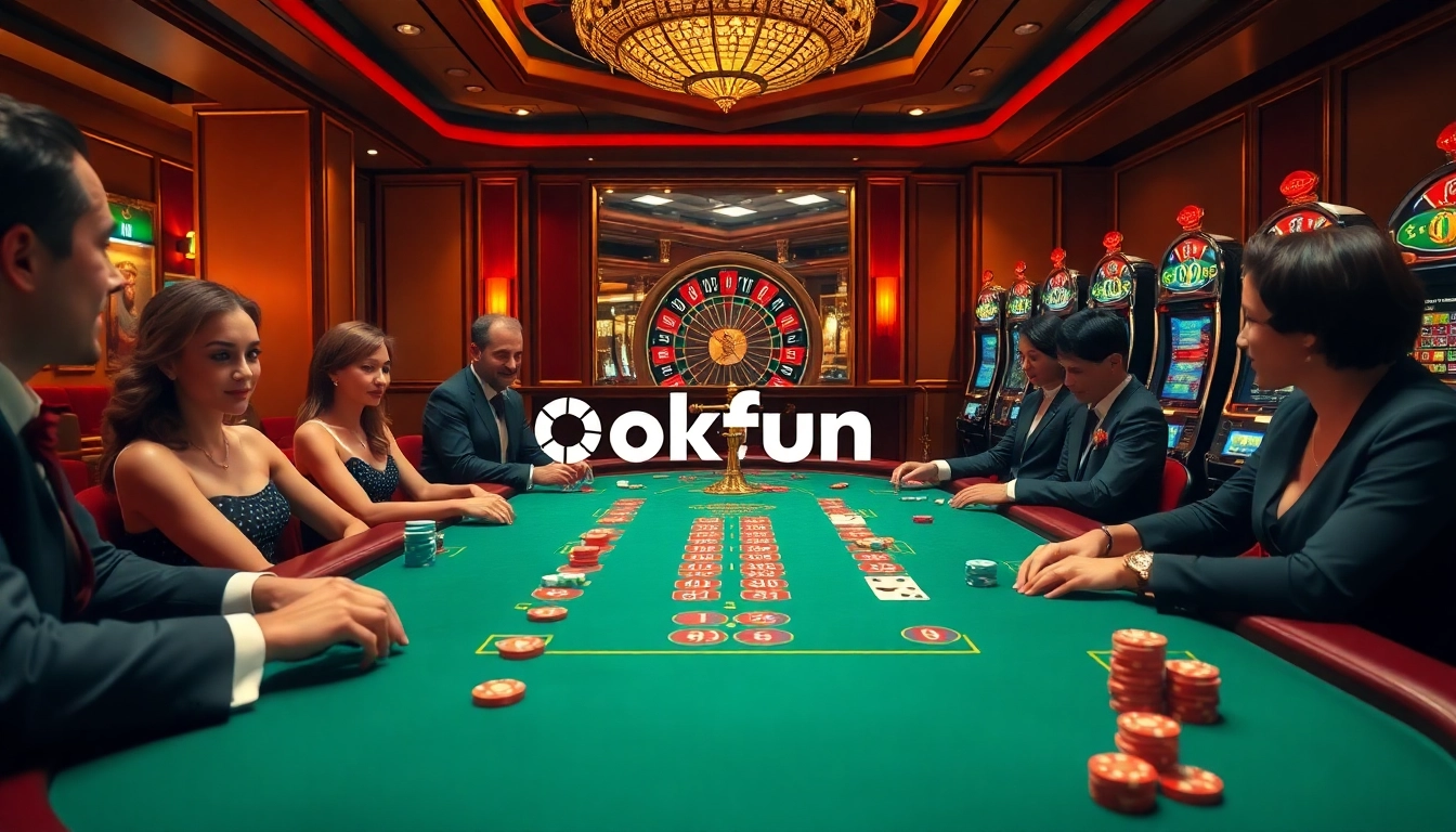 Experience the thrill at okfun casino with players at a vibrant poker table and roulette wheel.
