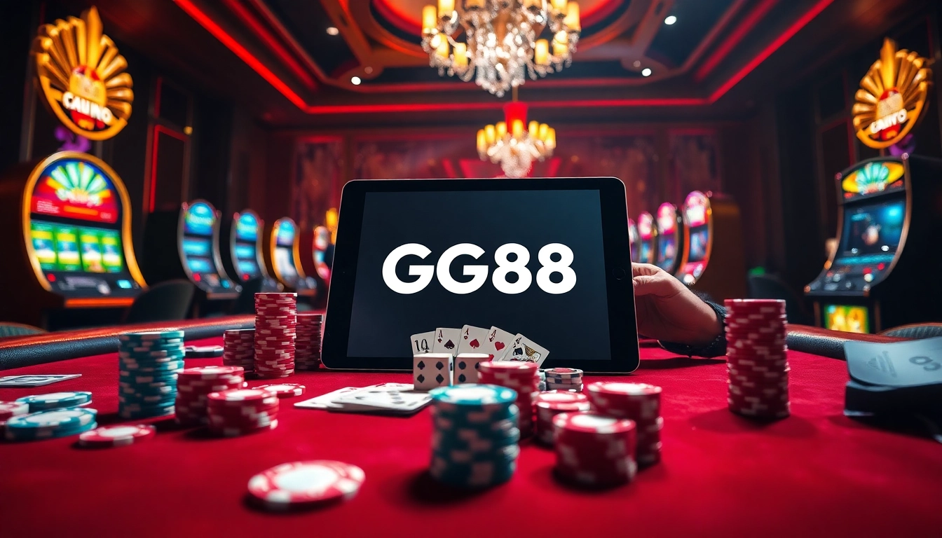 Players enjoying online gambling on the GG88 platform with luxurious casino elements.