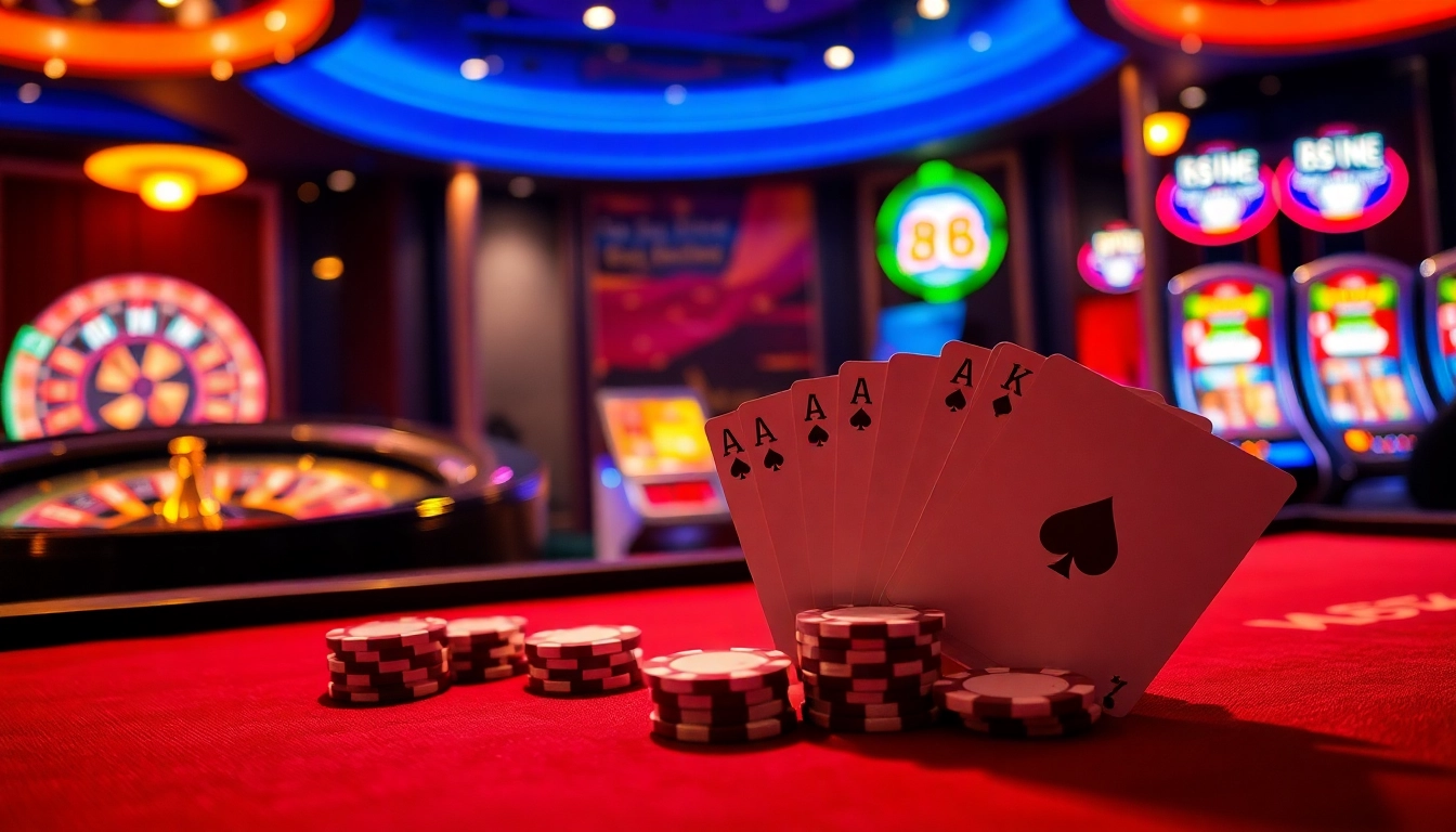 High-stakes poker table and vibrant roulette wheel depicting excitement at https://88vv.com.de/ online casino.