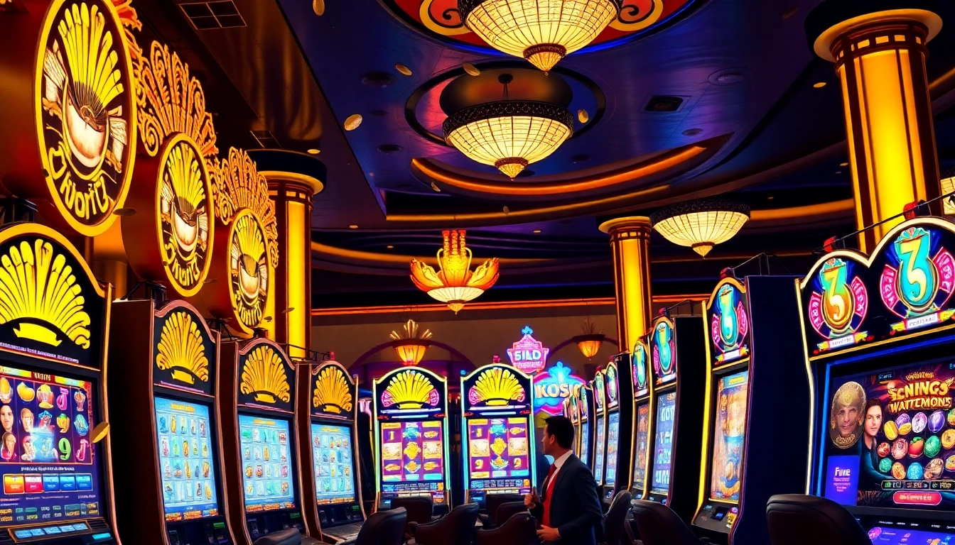 Excited players enjoying the slot777 machines in a luxurious casino atmosphere.