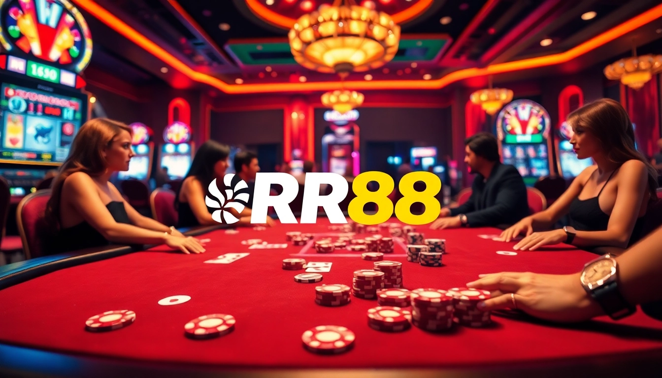 Excited players at RR88 casino engaging in poker with vibrant chips and games.