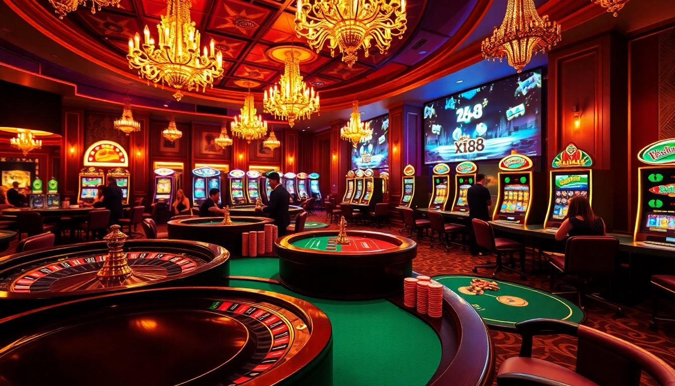 Experience thrilling gameplay at https://xx88.day/ with a captivating casino scene featuring vibrant slot machines and poker tables.