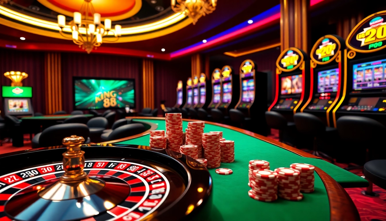 king88 slot machines and poker chips showcased in a vibrant casino atmosphere