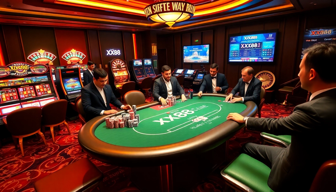 Exciting poker game at XX88 casino table with vibrant chips and players in action.