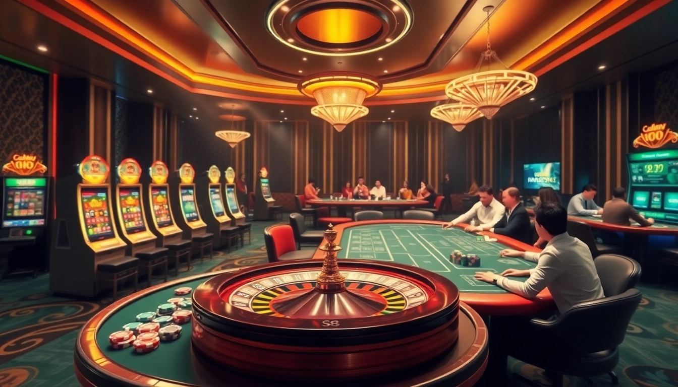Exciting casino scene showcasing Giới Thiệu S8 with roulette, slot machines, and poker tables.